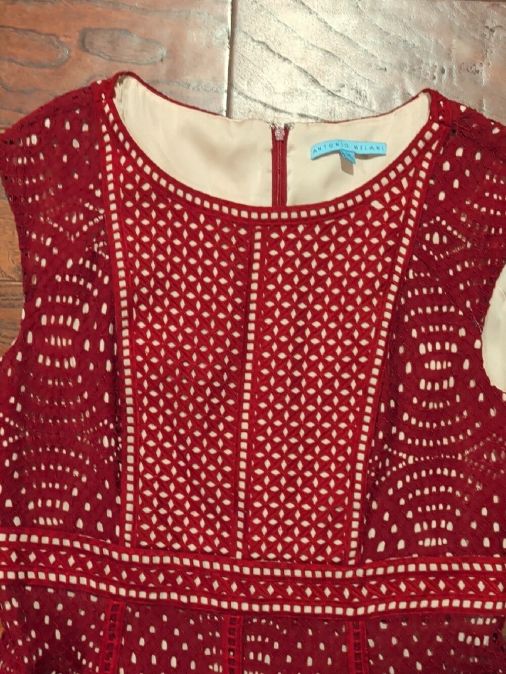 ANTONIO MELANI Red Eyelet Fit-and-Flare Mini Dress - Picture 3 of 6